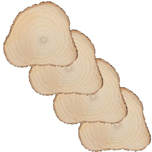 J-Line Baumscheibe 40cm (4er Set), Holzscheibe, Holzbrett Deko, dekoratieve Holzplatte als Serviertablett, Tischdeko oder zum Basteln, multifunktionale Baumscheibe Paulownia Holz, 40 x 34,5