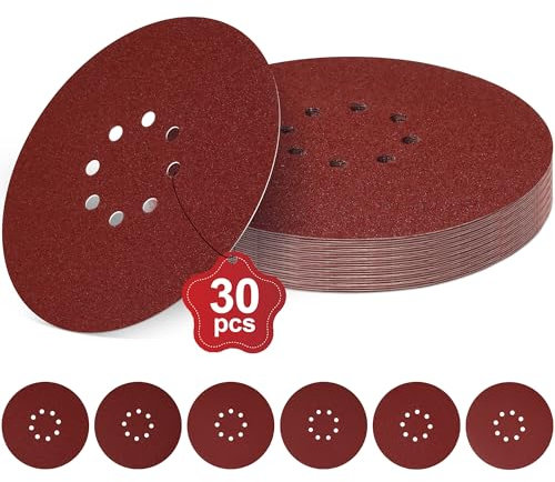 30 Pezzi Dischi Abrasivi 225 mm 8 Fori Rotondi di Carta Vetrata per Levigatrici a Collo Lungo Smerigliatrici per Cartongesso Parete e Levigatrice a Soffitto (30 pezzi grana 40, 60, 80, 120, 180, 240)