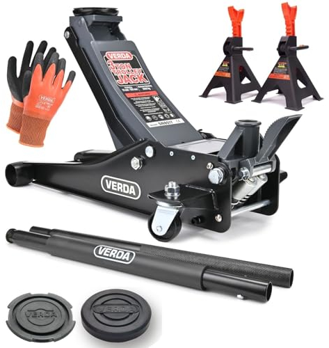 Hydraulischer Wagenheber 3T, 80-465 mm, 2X Gummiauflage, Montagehandschuhe, 2X Unterstellböcke, Wagenheber Profi Auto Heber PKW Wohnmobil ideal für Reifenwechsel SUV