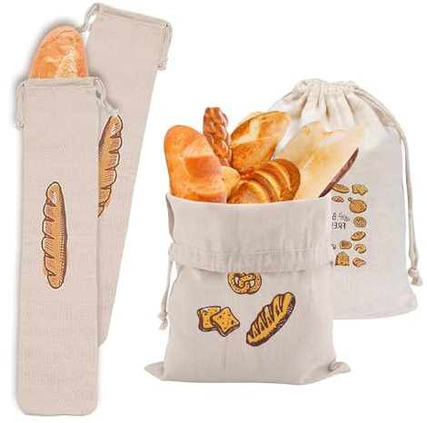 Amasawa 4 Stück Leinen Brotbeutel, Aufbewahrung Frischhalten, Wiederverwendbar, Leinenbeutel mit Kordelzug, für Brot, Baguette, Obst, Gemüse
