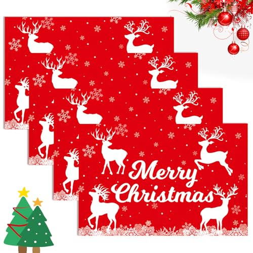 4 Stück Weihnachts Tischsets aus Leinen, Rote Santa Claus Zwerg Rentier Schneeflocke Xmas Tischmatte, Waschbare Platzsets (Rentier)