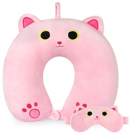 Prewplam Kids Neck Pillow for Travel, Cute Cat Neck Pillow with Eye Mask for Sleeping Journey, Soft U-Shaped Travel Pillow for Airplane Car (Pink)