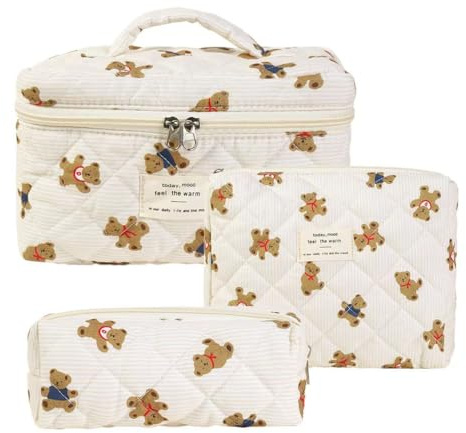 Rockreyoa 1 trousse de toilette de voyage Coquette en coton - Grande trousse de toilette avec compartiment à brosses - Trousse de toilette Kawaii - Motif floral matelassé, Ours #2, 26*7*18cm, Ludique