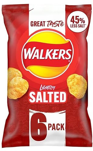 Walkers Lightly Salted Less Salt Multipack Crisps 6x25g, No added MSG or Artificial Colours, 45% less salt, 100% Great British Potatoes, Suitable for Vegetarians