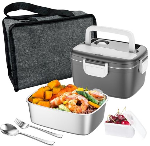 Boîte à lunch Chauffante 80W, Acier Inoxydable Détachable 1,5L Gamelle Chauffante 12V/24V/220V, Boite Repas Pour Voiture/Camion/Bureau, Sacs Isolants (gris)