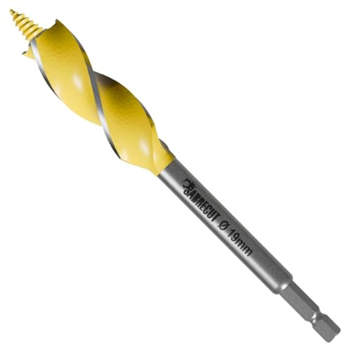 1 x SabreCut SCAG019 19mm x 165mm Wood Auger Quad Flute Self Feed Tip Grooved Hex Shank Drill Bit for High Speed Drilling in Wood and MDF