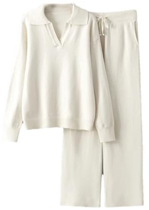 Stricksets für Damen, Herbst und Winter, zweiteilig, Pullover und Hose, lockerer Trainingsanzug, beige, Einheitsgröße