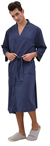 TCNGKIJIUK Robe de Chambre pour Hommes Peignoir de Bain en Tricot Gaufré Longue Chemise de Nuit avec Ceinture et Poches Pyjama Doux Vêtement de Nuit Confortable Vêtement de Maison
