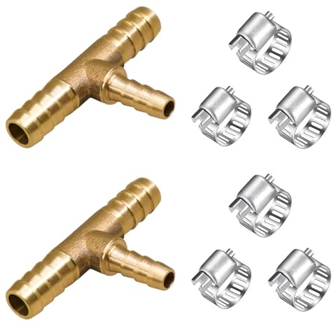 Napredak 3/8 x 1/4 x 3/8 Hose Barb Tee Fitting,Brass T Shaped 3 Way Reducing Union Splicer Fitting, 90 Degree Barb Splitter Joint Connector with Hose Clamp for Fuel Water Oil Liquid Tube