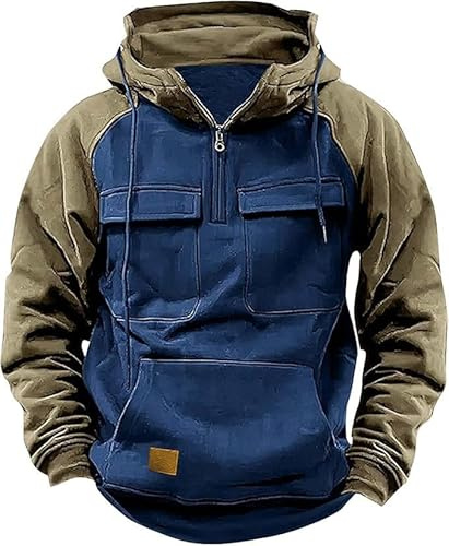 PADOLA Pull Homme 1/4 Zip Veste Polaire Cargo Sweat Manches Longues Multi-Poches Sweat à Capuche Vintage Rétro Pulls Automne Hiver Hoodie Pull de Travail Tricot Veste mi Saision