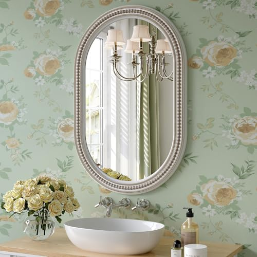 Mestikits Farmhouse Oval Bathroom Boho Wall Mirror, 20 x 30 Antique Oval Bathroom Mirrors Over Sink, Wooden Wall Mirror for Bedroom, Living Room, Hallway, Vertical or Horizontal Hanging