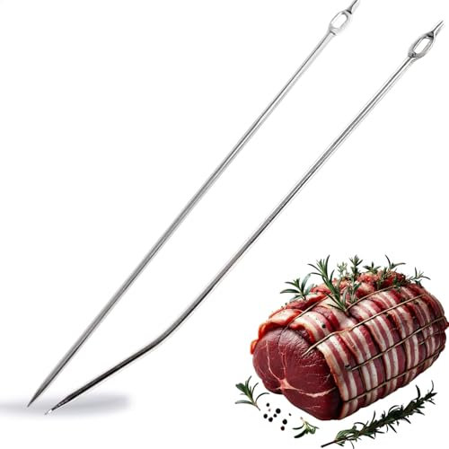 Kerafactum Set di aghi per spaghetti curvi e dritti, ago per arrosti, 20 cm, in acciaio inox, grande campo di raccolta per strisce di pancetta, diametro 3 mm, perfetto per bardere carne e arrostire