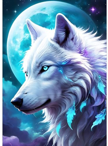 QQYRHN 5D Weißer Wolf Diamond Painting Kit für Erwachsene Anfänger Mond Diamant Kunst Kits Vollständiges DIY Traumland Diamantstickerei-Set Perfekt zur Entspannung und Dekoration 30x40 cm