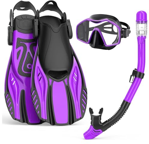 Schnorchel-Set für Erwachsene mit Flossen, Schnorchelmaske mit verstellbaren Schwimmflossen, Trockenschnorchel, Panoramablick, Schwimmbrille, Schnorchelpakete, Schnorchelausrüstung zum Schnorcheln