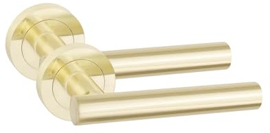 Golden Grace Straight T-Bar Door Handles, Satin Brass Finish, 1 Pair | Rose base mounting offers a sleek look for internal doors, with solid metal build providing a comfortable, secure grip.
