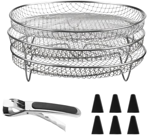 PHMING 3 Piezas Rejilla Air Fryer, Rejilla para Freidora de Aire 21cm | Apilable Rejilla Freidora Aire, con Patas de Silicona y Clips Anti-Escaldaduras, para Freidora Aire, Horno