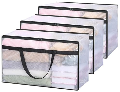 Vieshful 3 Piezas 60L Bolsas de Almacenaje Transparentes con Cremallera y Asas, Bolsas Plásticas para Edredones, Mantas, Ropa de Bebé, Mudanza y Almacenaje Bajo la Cama