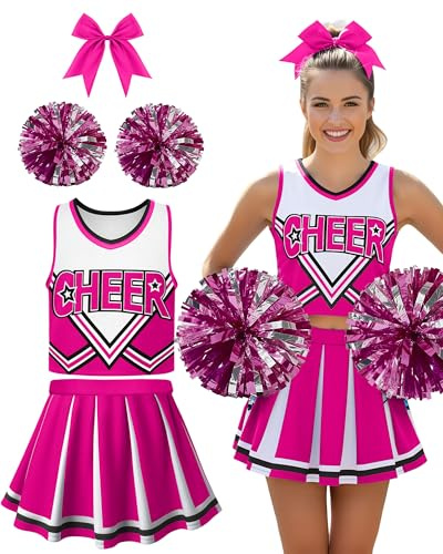 JenPen Women's Cheerleader Costume Halloween High School Cheerleading Outfit Musical Cheer Uniform Hair Bow Pom Pom(Rose Red,M)