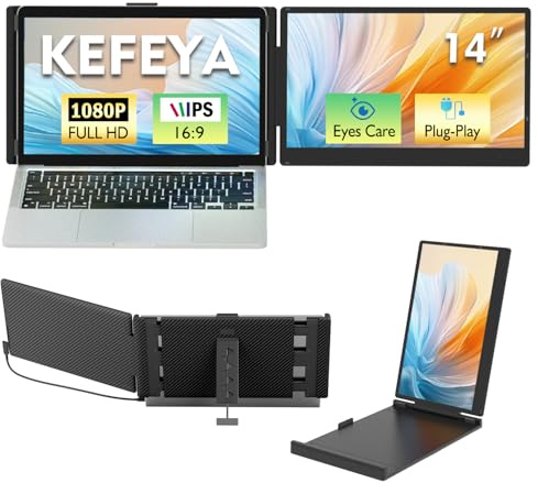 KEFEYA Laptop Screen Extension, 14 Inch 1080P FHD IPS Home Office Dual Travel Monitor for 13-17.3 inch Laptops, USB-C HDMI Plug-Play for MacOS