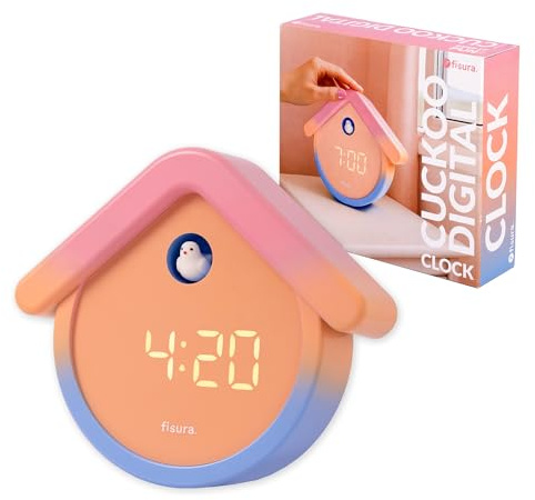 Fisura – Réveil numérique coucou noir original avec 3 alarmes, 3 niveaux de luminosité, affichage date et température. Câble USB-C. Dimensions : 20 x 17,7 cm. Design unique.