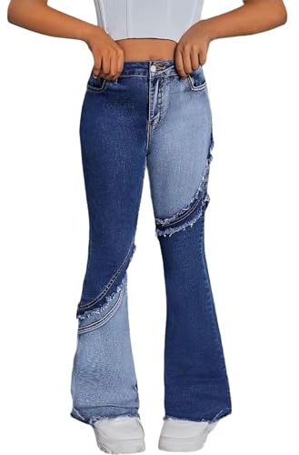 Schlaghose Jeans mit Löchern Mädchen Flared Jeans Schlagjeans Spleißen Loch Jeanshose Strech Bell Bottom High Waist Flared Denim Hose Weites Bein Jazz Pants mit Schlag