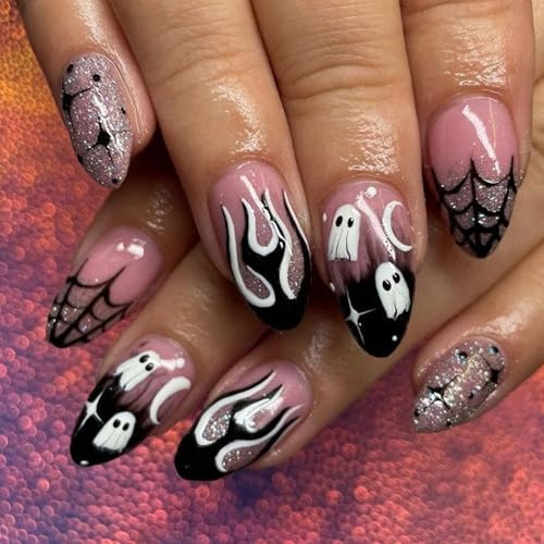 Ceboic 24 Pezzi Halloween Unghie Finte Mandorla Medie Rosa Francese Press on Nails con Ragnatela Fantasma Design Acrilico Copertura Completa Artificiali Unghie Finte Adesive per Donne Ragazze Manicure