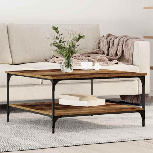Holamys Couchtisch Altholz 80x80x40 cm, Industrieller Holzwerkstoff Wohnzimmertisch mit Regal, Moderner Kaffeetisch für Wohnbereiche, Quadratisch Schwarz, Robust und Pflegeleicht