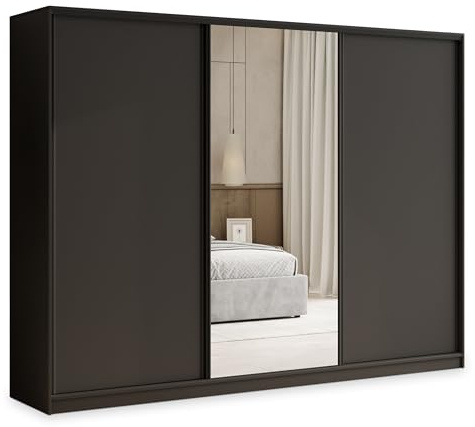 Masseno Schwebetürenschrank TARI 270/205/58 cm Kleiderschrank mit 4 Schubladen Schlafzimmer Schiebetürenschrank 3-türig mit Spiegel Schwarz