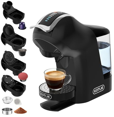 Upgrade Máquina de Cápsulas Café Espresso 5 en 1 19 Bar para Nespresso/Dolce Gusto/LAVAZZA MIO/LOR y Café Molido/ESE, Cafeteras Automáticas Pequeñas con Cápsulas, EM-308B (Negro)