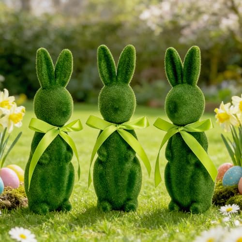 3 Pack Easter Green Flocked Bunny Figurine Resin Moss Bunny Figurine with Bowtie Garden Artificial Moss Rabbit Easter Decor for Spring Decor Party Gifts Baking Table Home Decor 25 cm Standing Rabbit