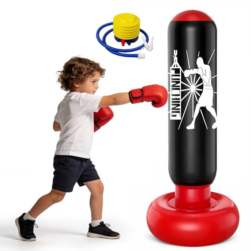 Uppblåsbar stående boxningssäck för barn, 160 cm, boxningssäck för barn med fotpump, PVC-boxningssäck för pojkar och flickor från 3–12 år, perfekt för Karate kicklådor, Taekwondo MMA boxningsträning
