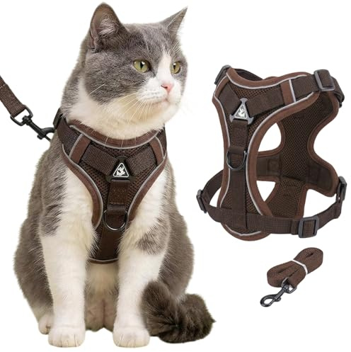 Katzengeschirr mit Leine Ausbruchsicher, Verstellba Katzen Geschirr Set Brustgeschirr Atmungsaktiv Softgeschirr Cat Harness mit Reflektierenden Streifen für Katzen Kätzchen Hunde Welpen (Kaffee M)