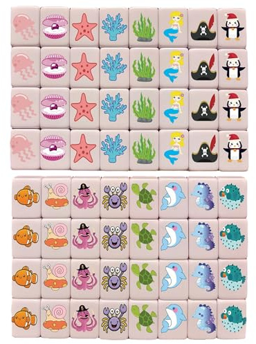 BeVistoso Mahjong, set da gioco Mahjong per bambini con graziose tessere con creature dell'oceano, mini tessere da 24 mm per viaggi e divertimento in famiglia