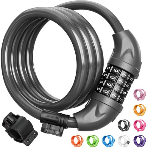 Titanker Bike Lock, 4 Feet Coiling Cable Lock with Resettable Combination, 1/2 Inch Diameter, Gray, 10 Color Options