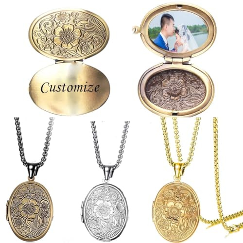 Hsumonre oval bild medaljong halsband antik brons blomma snidad kärlek minne hänge halsband för par silverpläterad rosa guldpläterad, Brons