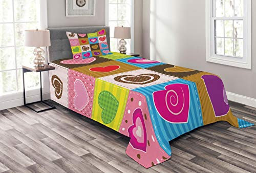 ABAKUHAUS Land Tagesdecke Set, Liebes-Herz-Patchwork, Set mit Kissenbezug Feste Farben, für Einzelbetten 170 x 220 cm, Braun Tan