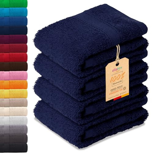 EllaTex Paris 4er Set Gästetücher 30x50 cm – 100% Baumwolle, 500 g/m² Frottier, flauschig, Farbe: Navy
