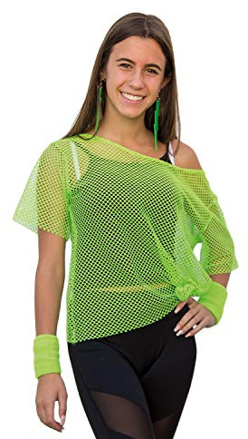 Oblique Unique® T-Shirt en Maille Filet - Haut en Filet - pour Femme - Haut des années 80 - Costume de fête à thème - Taille 38-42 - Vert Fluo - Rose - Couleur au Choix (Vert Fluo)