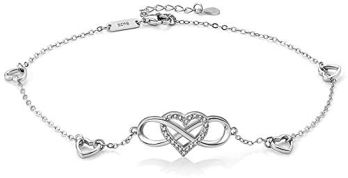 Bracelet de cheville femme signe infini 925 bijoux argent sterling véritable,reglable coeur zircon chaine bracelets de cheville Infinity Symbol Love amour cadeau pour fille Noël anniversaire vacances