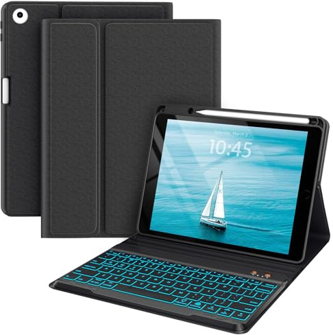 Funda con teclado para iPad 5ª/6ª generación 2017/2018, funda para iPad Air 2 de 9.7 pulgadas con teclado, teclado retroiluminado inalámbrico extraíble, funda inteligente folio para tablet con soporte