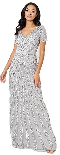Maya Deluxe Women's Maxi Womens Ladies Embellished Sequin Long Short Sleeve V Neck High Empire Waist Cut Shiny P Bridesmaid Dress, Soft Grey, 16 UK