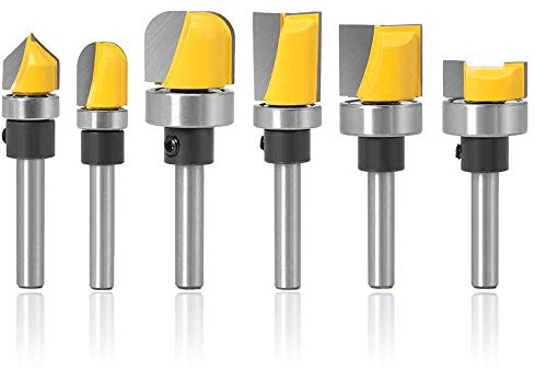 Mesee 6 Pieces Template Router Bit Set with Bearing, 1/4 Inch Shank Flush Trim Bits and Bowl Tray Bits V Grooving Bit for Woodworking Template Pattern Slotting Trimming Clearing Milling Cutter Tools