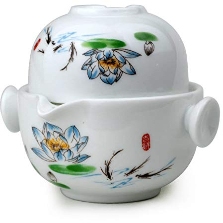 Liang baobao Convenient Teapot Cup Porcelain Teacup White Glazed Travel tea set (Lotus)