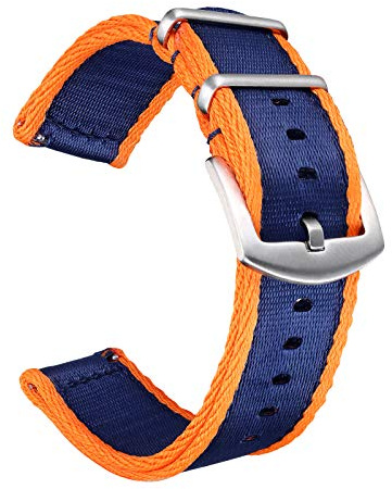 BOLYTE Militär Canvas Seat Belt Nylon Uhrenarmband für Männer Frauen mit Schnellverschluss Edelstahl Silberne Schnalle, Blau/Orange, 22mm
