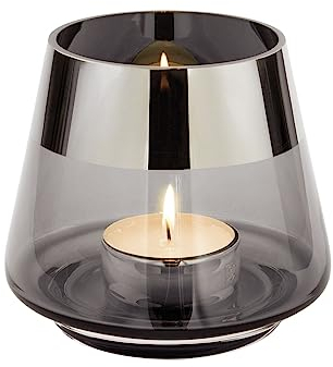 Fink graues Teelichthalter Ø 15 cm aus Glas großes Windlicht mit silbernem Rand