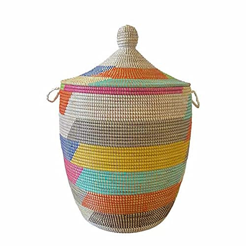 Wäschekorb Afrika - L/XL/XXL - Das Original aus dem Senegal - Zick Zack Bunt - Afrikanischer Flechtkorb mit Deckel - Großer Fair Trade Korb für Bade- / Wohn- & Kinderzimmer - Dekokorb (L)