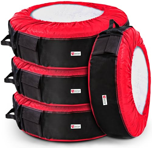 Rosefray Seasonal Tire Totes, Spare Tire Cover, Portable Winter Wheel, Handle for Easy Transportation, Fits Tires Tire Diameters 21” to 31.5”, Set of 4 Bags Red