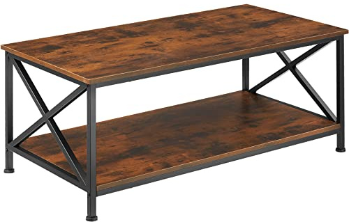 tectake Soffbord av trä och metall, vardagsrumsbord i industriell design, 100 x 55 x 45,5 cm, soffbord med 2 hyllor i träutseende, svart metallram (industriell mörkbrun)
