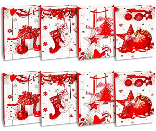 Presentpåsar till Jul - 8 Förpackningar - Presentpåsar med 4 Vinterdesign för Julklappar, Strumpbyxor, Presentinslagning och Festfavoriter (32x26x10cm)