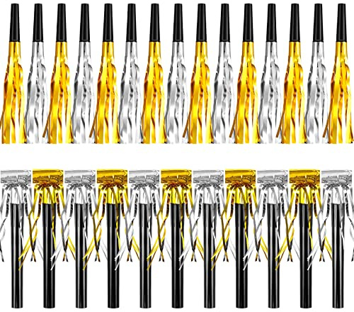 Deekin 80 Pieces Metallic Party Noise Makers New Year Blower Squawkers Blow Horns Musical Blowouts Whistles and Party Favors for Birthday Shower Graduation Gold and Silver